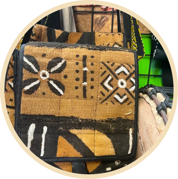 African fabric shoulder bag with patterns.