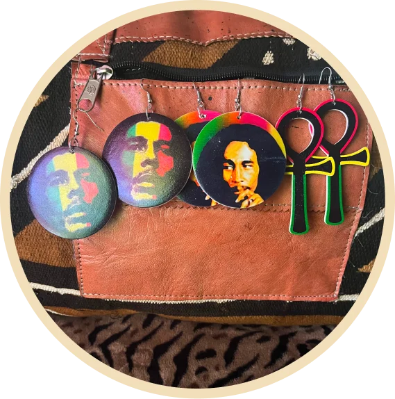 Bob Marley and Ankh wooden earrings.